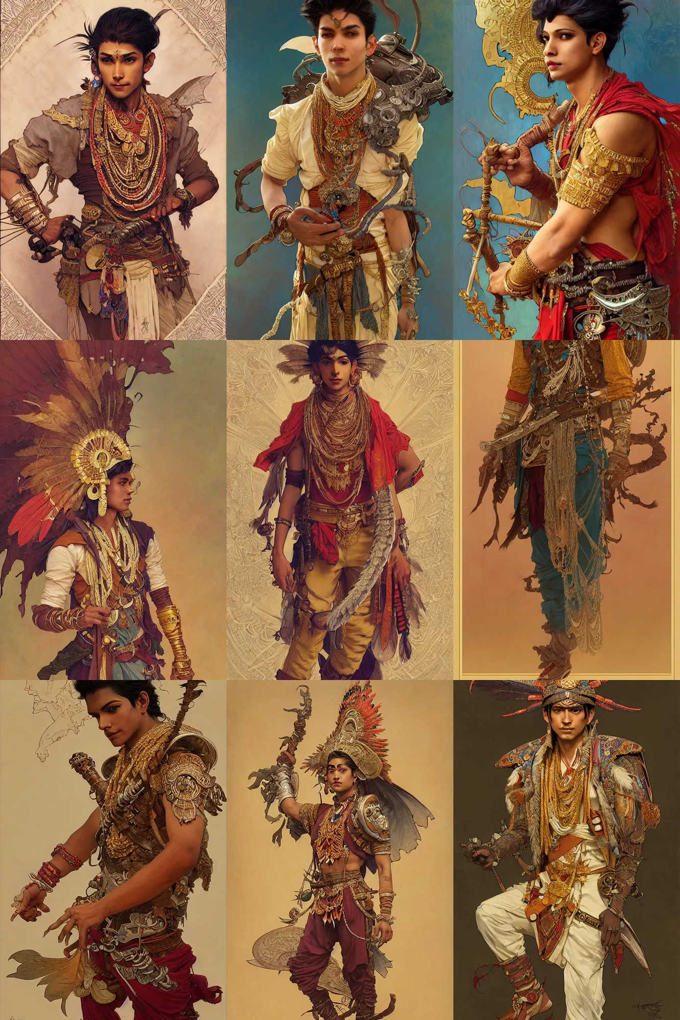 Prompt: young male, indian costume, fantasy, highly detailed, intricate, smooth, art by joseph leyendecker, peter mohrbacher, ruan jia, marc simonetti, ayami kojima, cedric peyravernay, alphonse mucha, victo ngai