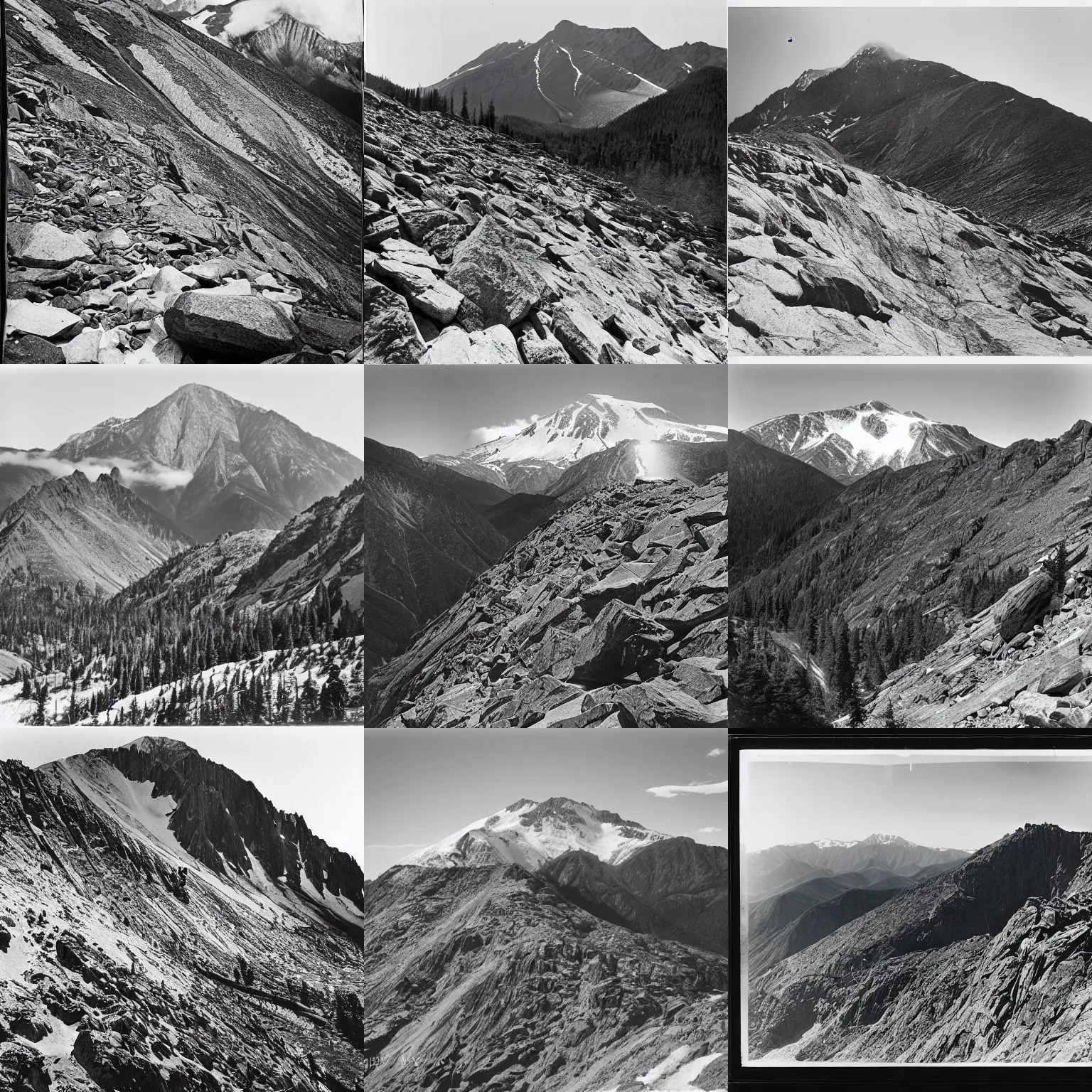 Prompt: photograph of huntington ravine and mount washington, original photograph by ansel adams