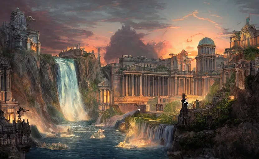 Prompt: epic landscape of a fantasy city with marble buildings and waterfalls at dusk, ambient lights, artwork by brom and rutowski