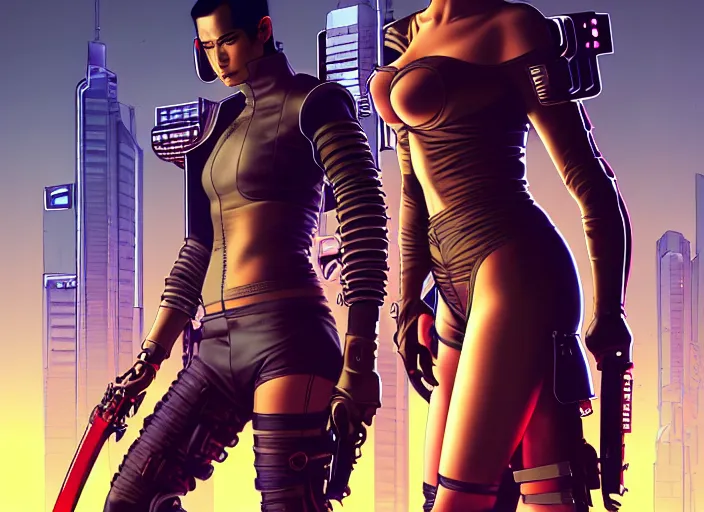 Prompt: cyberpunk samurai assassin squad. portrait by stonehouse and mœbius and will eisner and gil elvgren and pixar. character design. realistic proportions. cyberpunk 2 0 7 7 character art, blade runner 2 0 4 9 concept art. cel shading. attractive face. thick lines. the team. diverse characters. artstationhq.