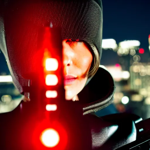 Image similar to photographic portrait of a techwear woman holding a shotgun, holding shotgun down, closeup, on the rooftop of a futuristic city at night, sigma 85mm f/1.4, 4k, depth of field, high resolution, full color, award winning photography, inspired by Kill Bill, inspired by John Wick, inspired by Die Hard, movies with guns, movie firearms