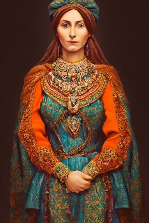 Prompt: stunning awe-inspiring portrait of a lady in traditional Armenian attire, wearing highly detailed jewelries and ornaments, by Da Vinci and Picasso, beautiful face, beautiful portrait lighting, teal and orange colored background with traditional lampstands and furnitures, artstation, smooth portrait