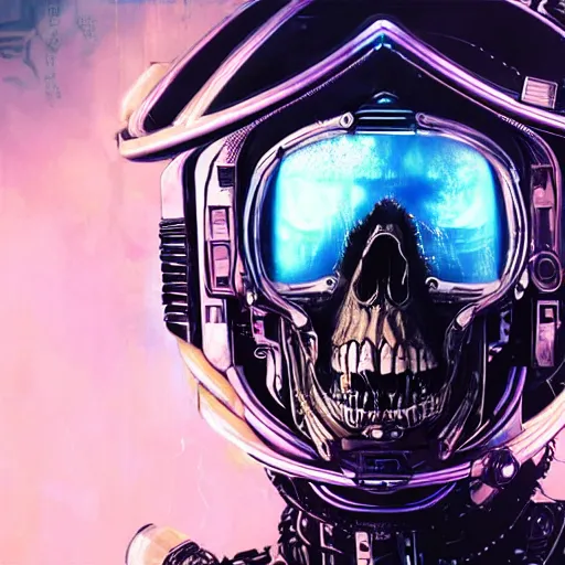Prompt: portrait of a space pirate skull. intricate abstract. cyberpunk, vhs glitch. iridium visor, full face VR broken helmet. intricate artwork. nightmare fuel. terrifying ghost in the shell. empty oxygen tank. warhammer 40k crimes against humanity. sci-fi knight rider k2000 led. by Tooth Wu, wlop, beeple, dan mumford. octane render, trending on artstation, greg rutkowski very coherent symmetrical artwork. cinematic, hyper realism, high detail, octane render, 8k, iridescent accents, black and white