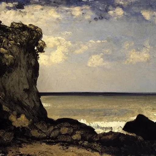 Image similar to Courbet's late landscapes and seascapes can look especially unbelievable: waves, solid like sapphire or granite; pine forests dense and frozen like the rocks of the Ardennes. In a work like ''Black Rocks,'' the atmosphere is viscous, the light of the orange sky hanging, tangibly, like seaweed, on the water and shore: a portentous image, full of longing.