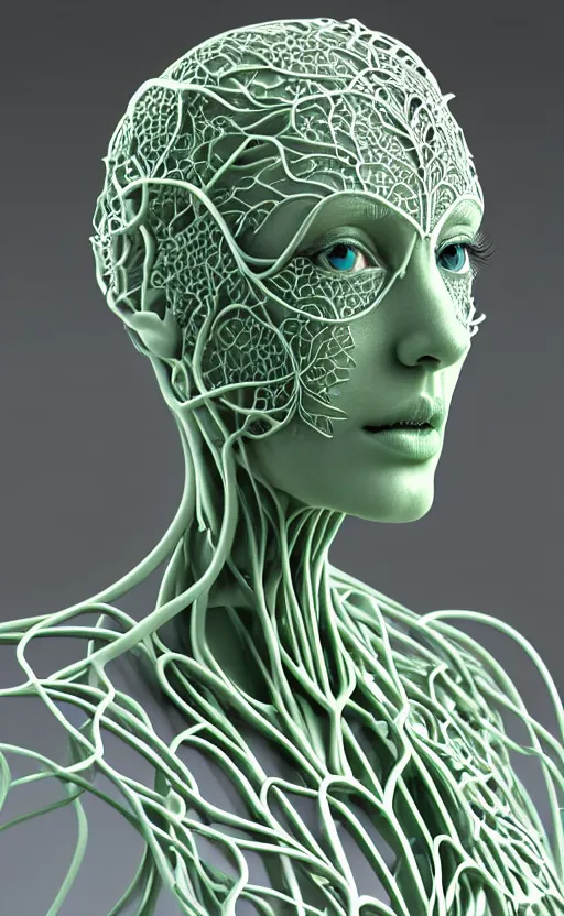 Image similar to complex 3d render ultra detailed of a beautiful porcelain profile woman face, green hazel eyes, vegetal dragon cyborg, 150 mm, beautiful natural soft light, rim light, silver niobium details, magnolia big leaves and stems, roots, fine lace, maze like, mandelbot fractal, anatomical, facial muscles, cable wires, microchip, elegant, white metallic armor, octane render, black and white, H.R. Giger style