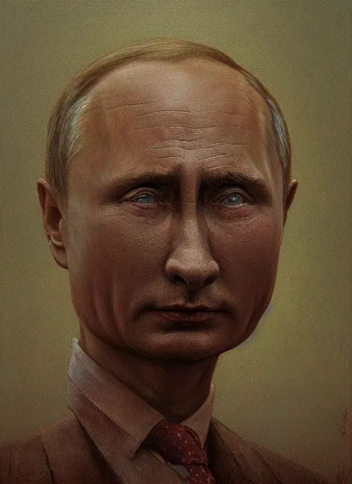 Image similar to Painting in a style of Beksinski featuring Vladimir Putin. Suffering and pain