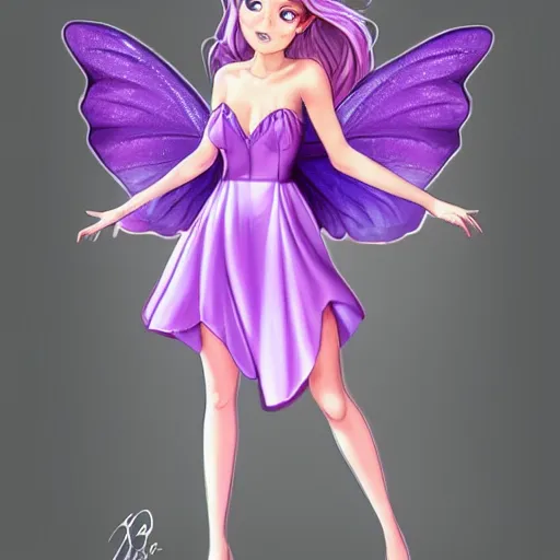 Prompt: very very very beautiful tiny princess in her 20s with fairy wings wearing skintight purple dress, making eye contact, smiling, flirty, perfect body, perfect face, drawn by artgerm