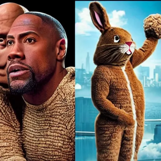 Prompt: Kevin Hart dressed in a bunny costume with Dwayne the Rock Johnson in a movie