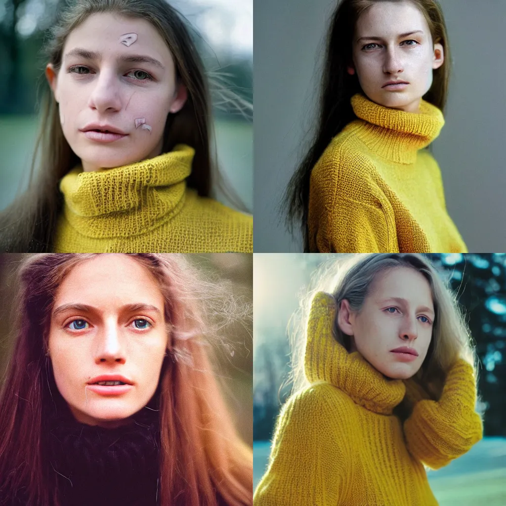 Prompt: A Hyper realistic and detailed portrait photography by Annie Leibovitz of a woman wearing a yellow knitted turtleneck sweater that covers half her face. Long hair. Agfa Vista 400 film. Detailed. Depth of field. lens flare. moody. cinematic. warm light.