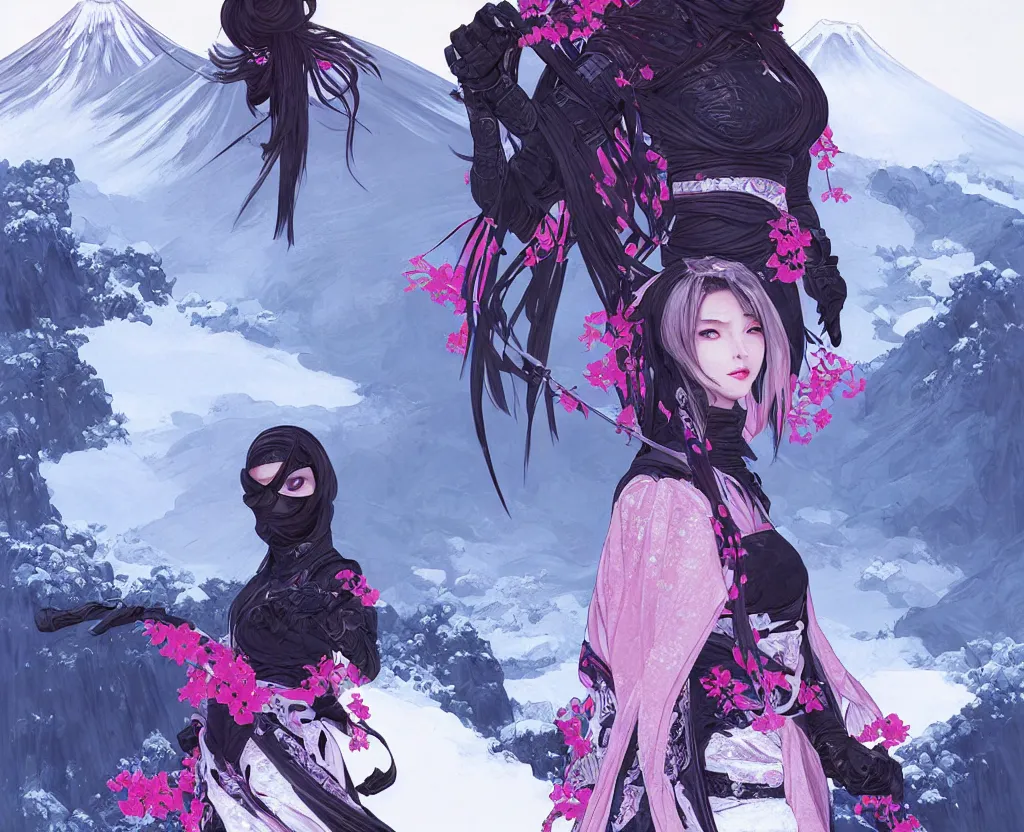 Image similar to portrait ninja gaiden girl, black plus little pink ninja wardrobe, at snowy fuji mountain sunrise, ssci - fi and fantasy, intricate and very very beautiful, detailed, digital painting, artstation, concept art, smooth and sharp focus, illustration, art by tian zi and wlop and alphonse mucha