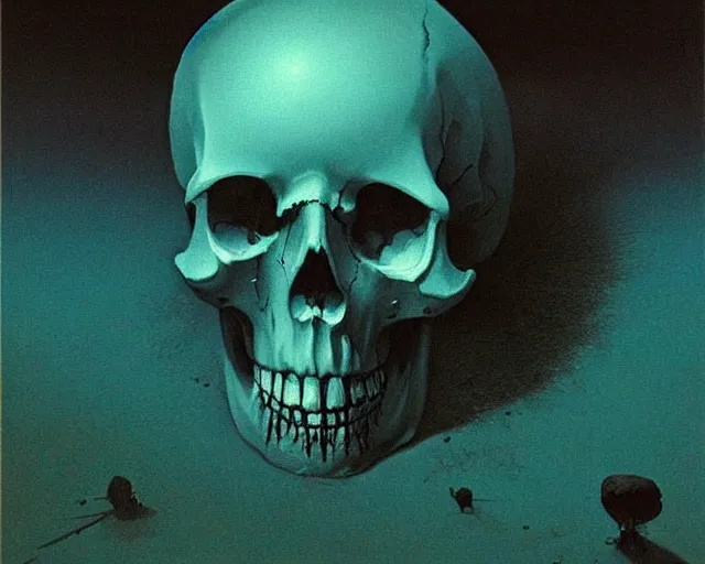 Prompt: Skull, blue, night, mystery, Zdzislaw Beksinski