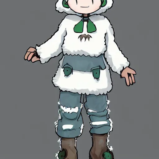 Prompt: boy wearing sheep suit. white, gray, blue, green and brown pallet color. made in abyss art style, inspired in chris from deltarrune