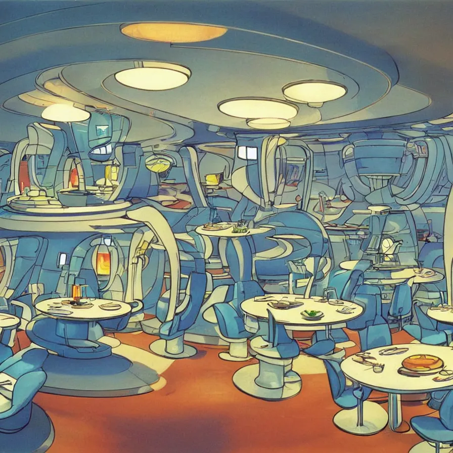 Image similar to concept art of jetsons cartoon indoor big dinning room, painted by tim white