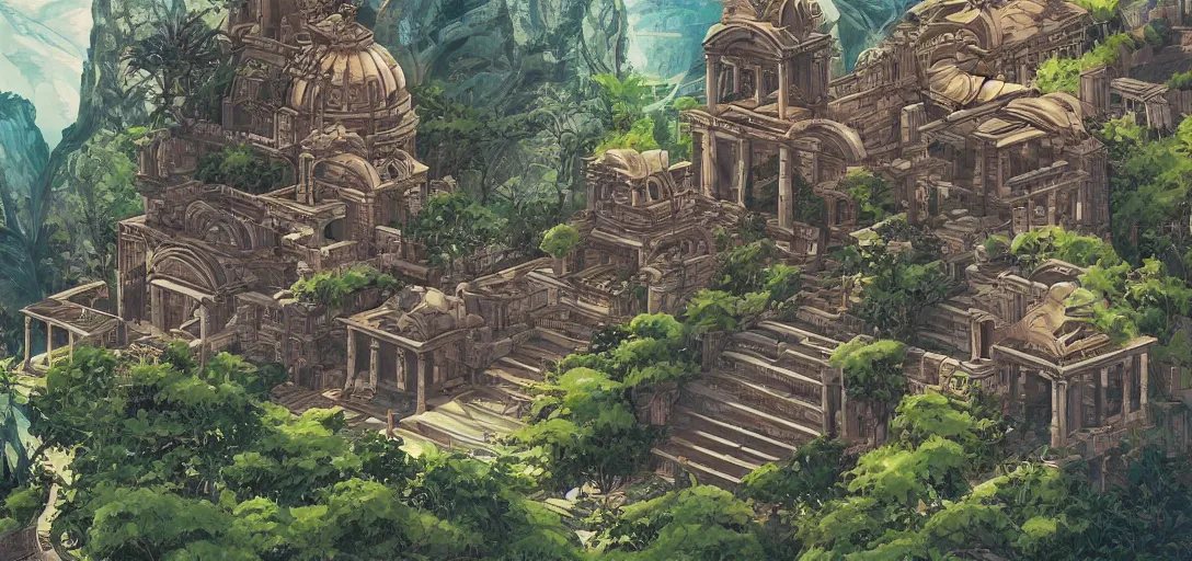 Prompt: Greek temple with hanging gardens in the graphic style of Patrick Gleason and SANA TAKEDA, detailed art, trending on Artstation, sharp focus, Beautiful comic art