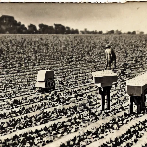 Image similar to robots working in the cotton field , 1824 , old photograph , 4k , HD