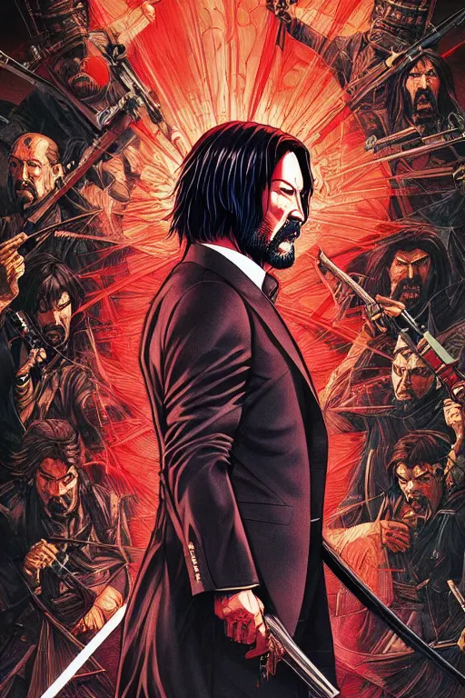 Image similar to poster of john wick as a samurai, by yoichi hatakenaka, masamune shirow, josan gonzales and dan mumford, ayami kojima, takato yamamoto, barclay shaw, karol bak, yukito kishiro