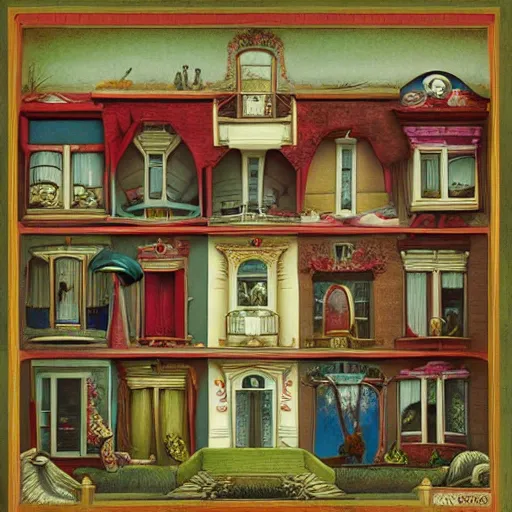 Image similar to a house with many rooms, 8k , lowbrow surrealistic, in the style of Mark Ryden,