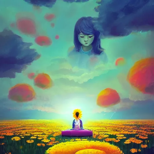 Image similar to giant daisies flower as head, girl sitting in a flower field, surreal photography, sunrise, dramatic light, impressionist painting, colorful clouds, digital painting, artstation, simon stalenhag