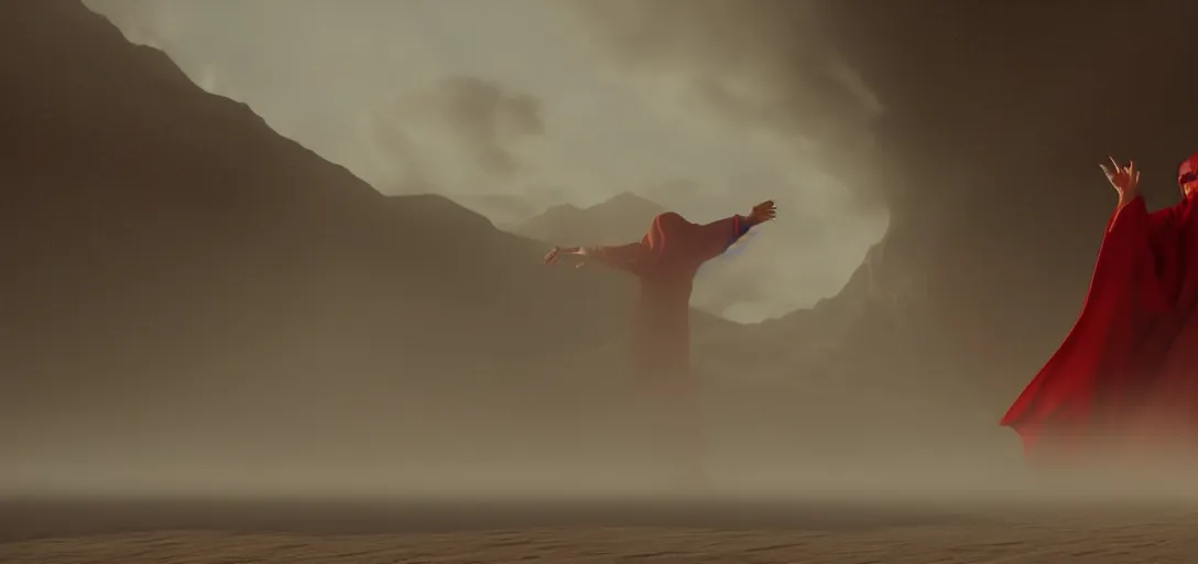 Image similar to an evil demon wearing red robes fighting an angel wearing white robes in a desert, luminescent eyes, sunny weather, rendered in octane, realistic, 8 k, vivid, intricate, detailed, mist, fog, dramatic light