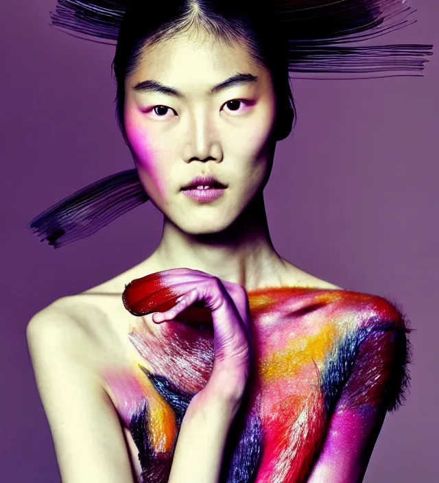 Image similar to photography american portrait of liu wen, natural background, sensual lighting, natural fragile pose, wearing stunning dress by iris van herpen, with a colorfull makeup. highly detailed, skin grain detail, photography by paolo roversi, nick knight, helmut newton, avedon, araki