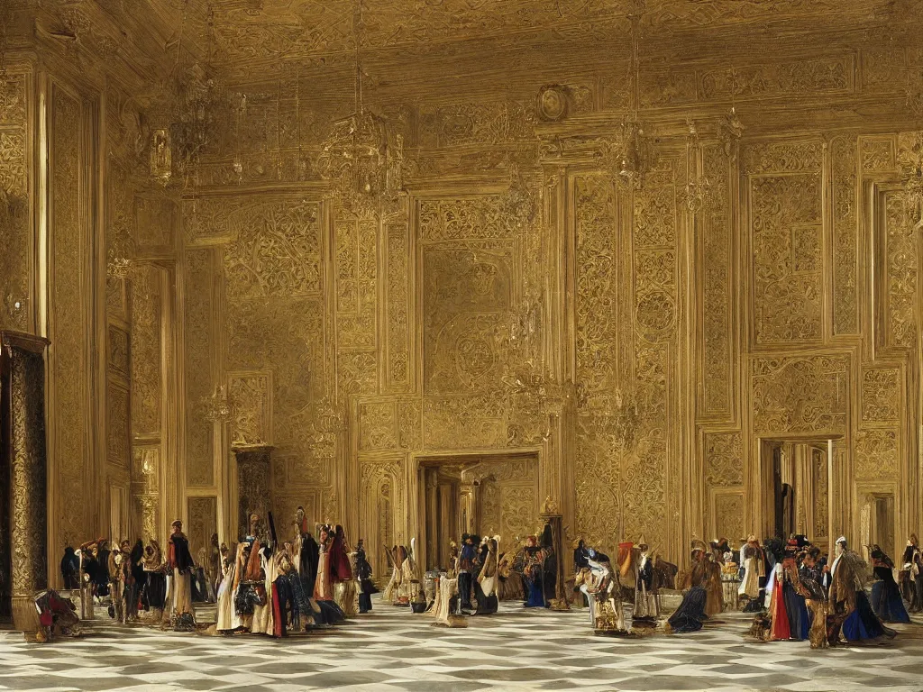 Prompt: Grand Interior of the Sultan's Opulent Palace, art by Ludwig Deutsch