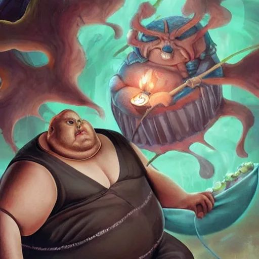 Prompt: a fat man eating a cake as a magic the gathering card, realistic, magic art style