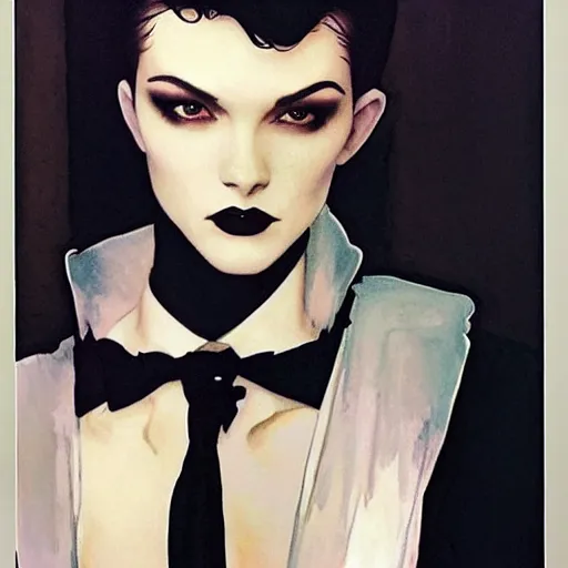 Image similar to beautiful portrait of androgynous ruby rose as desire from sandman in a white tuxedo!!!, rockabilly style,, by alphonse mucha, by jeremy mann, by peter lindbergh, cedric peyravernay, by frank moth, white suit and black tie, soft lightning, high detailed, 8 k