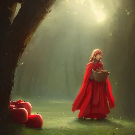 Image similar to a girl with a red cloak holding a basket full of apples, by Jordan Grimmer and greg rutkowski, crisp lines and color,