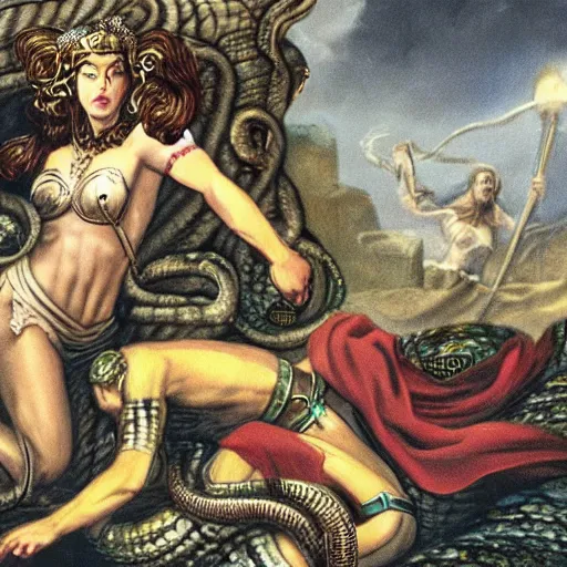 Prompt: Medusa The Queen Of Snake Castle fighting A young warrior who wants to take her down.