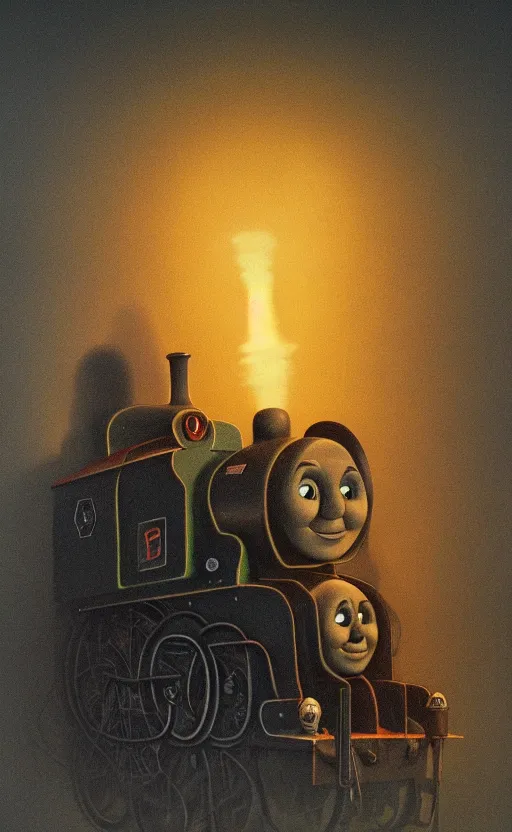 Image similar to thomas the tank engine in style of zdzisław beksinski, extremely dramatic lighting, 8 k, tendrils, black, darkness, black slime tendrils, infected, rust, body horror, thomas the train, thomas the tank engine face, horror,