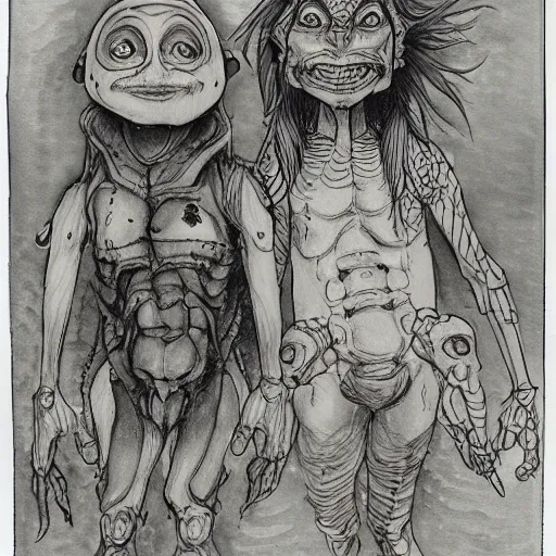 Prompt: A pair of intersex transgender humanoid alien goblins enjoying themselves at a goth club. Highly detailed sketch watercolor, inked lines. In the style of Alain Aslan, Brian Froud, and Studio Ghibli.