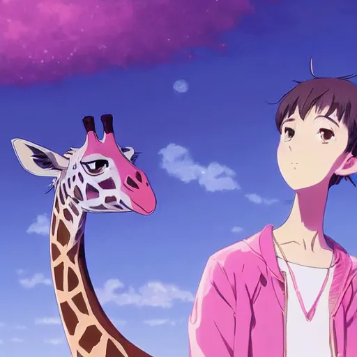 Image similar to a giraffe wearing a pink dress, illustration concept art anime key visual trending pixiv fanbox by wlop and greg rutkowski and makoto shinkai and studio ghibli and kyoto animation symmetrical facial features