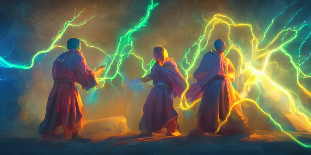 Image similar to a mage and his brother they are in front of the desk working on a new spell that is casting out flowing energy, colorful, flowing energy, light rays, consistent face, medium shot, waist up, sharp, concept art, highly detailed, bloom, dramatic lighting, cinematic