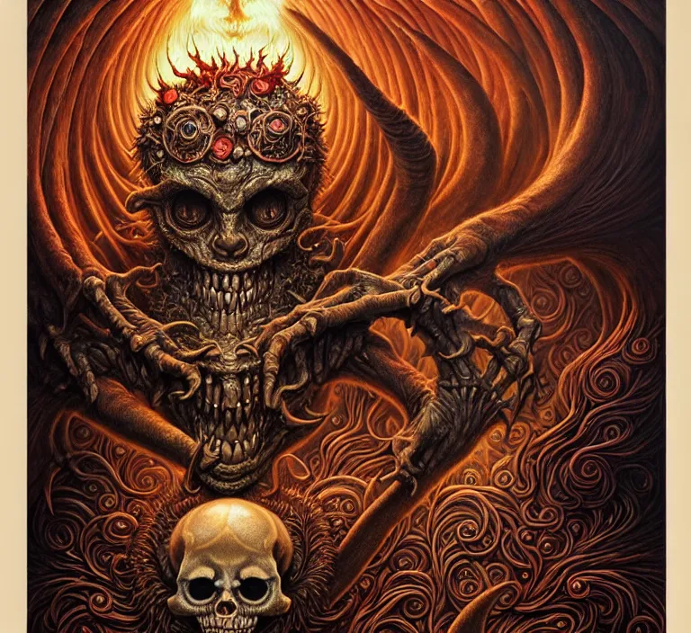 Image similar to A beautiful detailed grotesque monster super cute tarot card, by tomasz alen kopera and Justin Gerard, symmetrical features, ominous, magical realism, texture, intricate, ornate, royally decorated, skull, skeleton, whirling smoke, embers, red adornements, red torn fabric, radiant colors, fantasy, trending on artstation, volumetric lighting, micro details, 3d sculpture, ray tracing, 8k, anaglyph effect, digital art