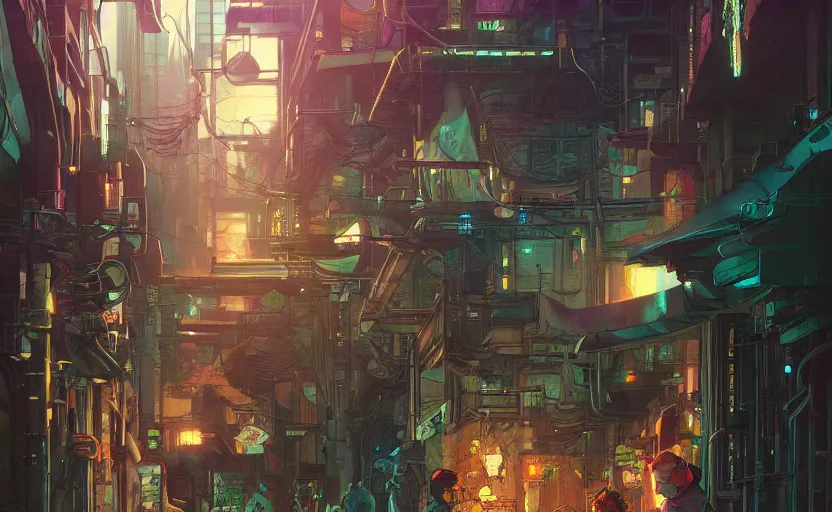 Image similar to a cat society in a cyberpunk city alleyway in a space opera cyberpunk studio ghibli animated film, volumetric lighting, octane render by anime, artgerm, alphonse mucha, loish, alena aenami, highly detailed