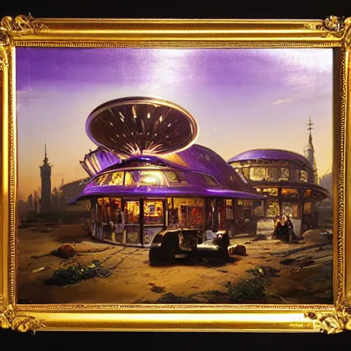 Prompt: detaiked luxury painting of syd mead artlilery scifi organic shaped small convenient store with ornate metal work lands on a farm, fossil ornaments, volumetric lights, purple sun, andreas achenbach