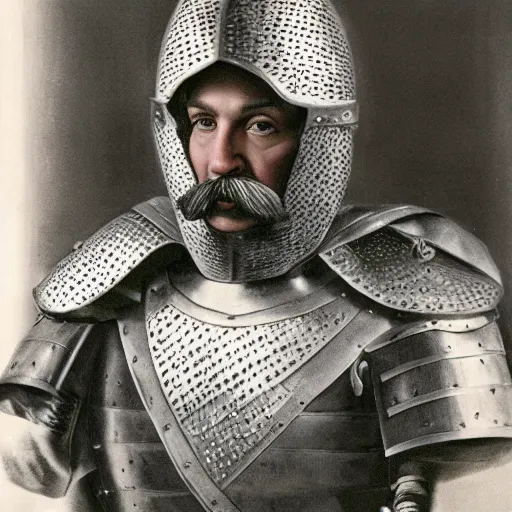 Prompt: realistic still of a man with a moustache wearing medieval knights armor. Highly detailed portrait