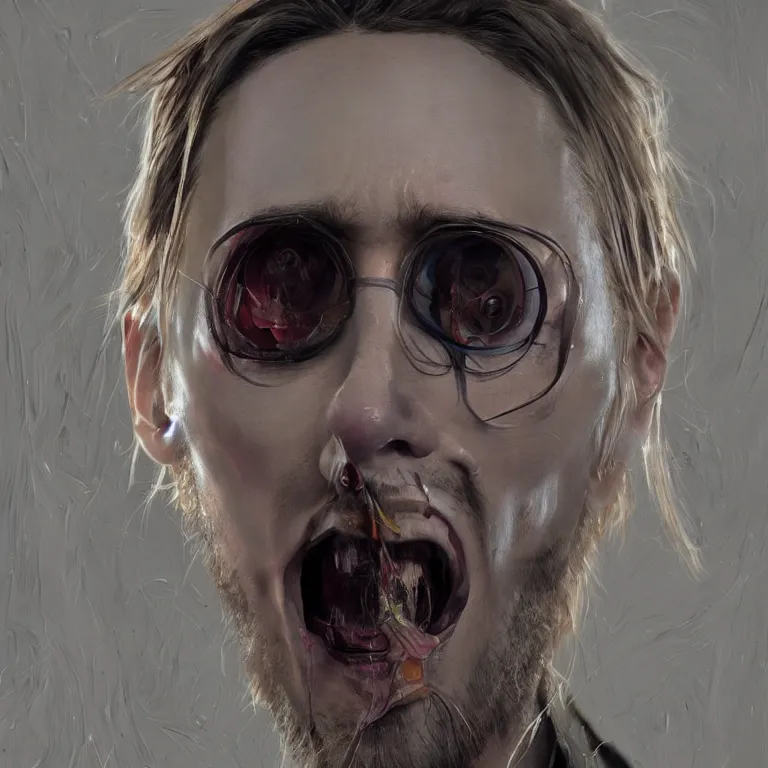 Image similar to screaming jared leto in the style of adrian ghenie, 3 d render, face close up, esao andrews, jenny saville, surrealism, dark art by james jean, ross tran