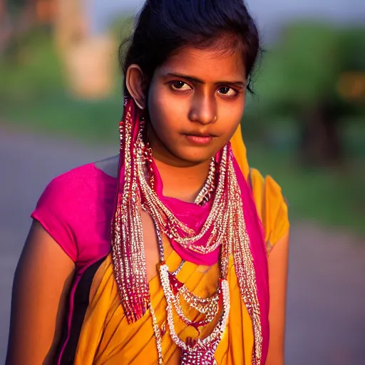 Prompt: portrait of a beautiful Bangladeshi girl at dawn, 8k, 55m lens,