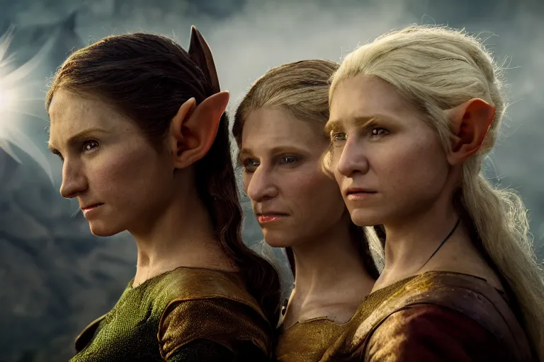 Image similar to a cinematic headshot portrait of three female elf warriors, 8 k, ultra realistic, movie still, dramatic lighting, mist, rays of light, by annie leibovitz