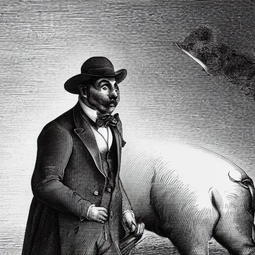 Image similar to closeup portrait of a pig in a tuxedo, dramatic lighting, farm background, moon, chiaroscuro, high detail, illustration by gustave dore