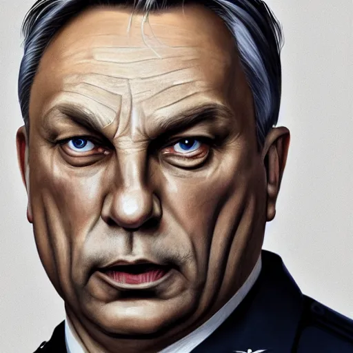Image similar to an extremely realistic portrait of viktor orban in a ss uniform, detailed, intricate, elegant, fat, highly detailed, digital painting, artstation, concept art, smooth, sharp focus, illustration,