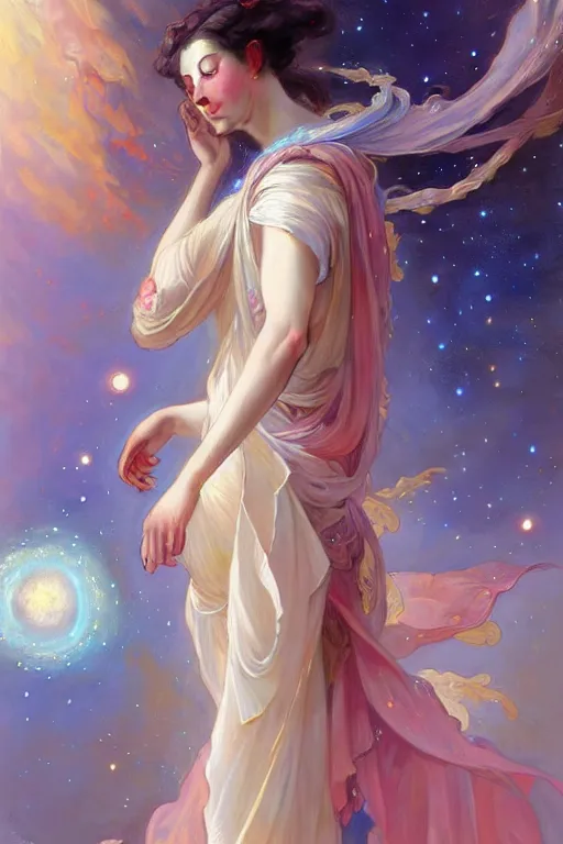 Image similar to Full view realistic ethereal stunning Celestial Goddess of cosmic nebula in a beautiful dress, 4k digital painting masterpiece by Mandy Jurgens and Ruan Jia, ornate Iconography background in the style of Alphonse Mucha, tarot card, amazing, magnificent, mystical, Hyperdetailed, award winning art, Ross Tran, wlop, Artgerm, Craig Mullins, detailed and realistic, soft lighting, intricate details, realistic, full view, Artstation, CGsociety