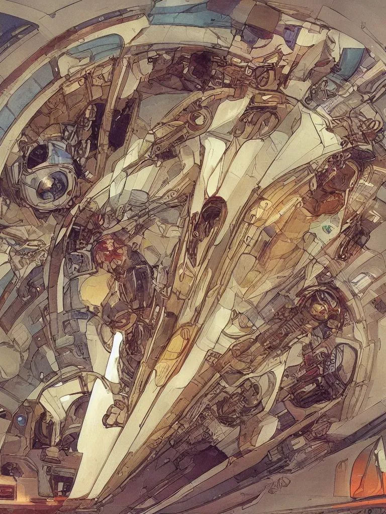 Image similar to Highly-detailed spaceship travelling at warp speed, by Mucha, trending on ArtStation