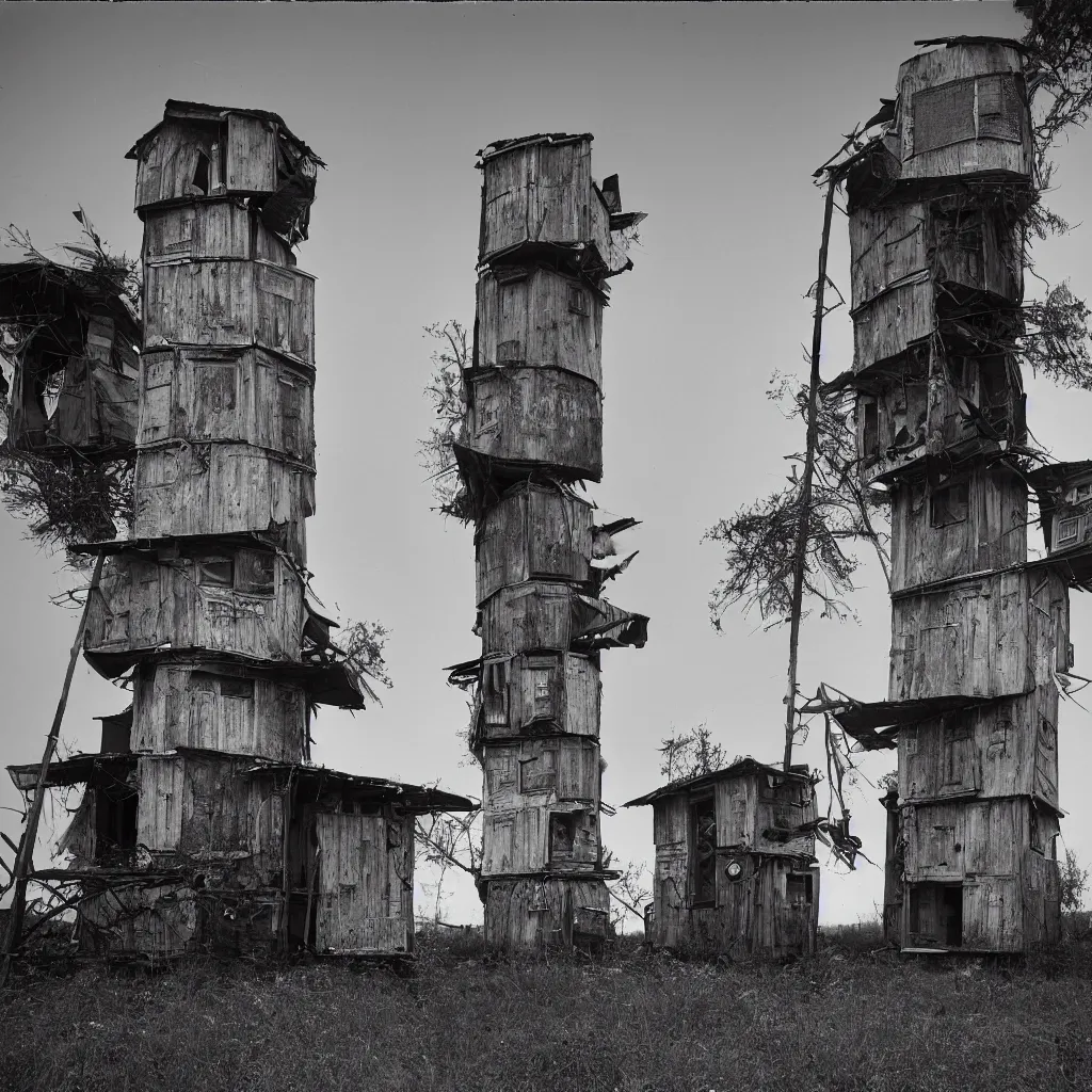 Image similar to two round towers, made up of makeshift squatter shacks, misty, dystopia, mamiya rb 6 7, fully frontal view, very detailed, photographed by ansel adams