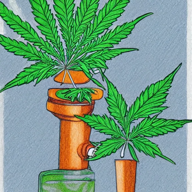 Image similar to cannabis leaf smoking a bong, colored pencil illustration