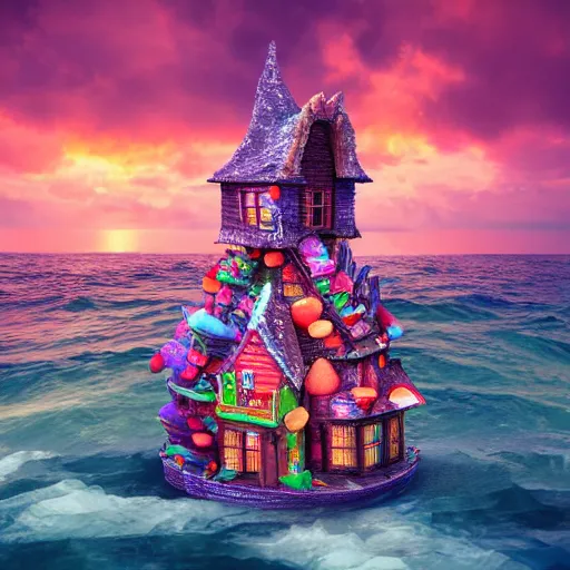 Image similar to a witches house made out of candies on the ocean, epic scene, fantasy, redshift render, cgi, hyper - detailed, photo - bash, 8 k post - production, masterpiece