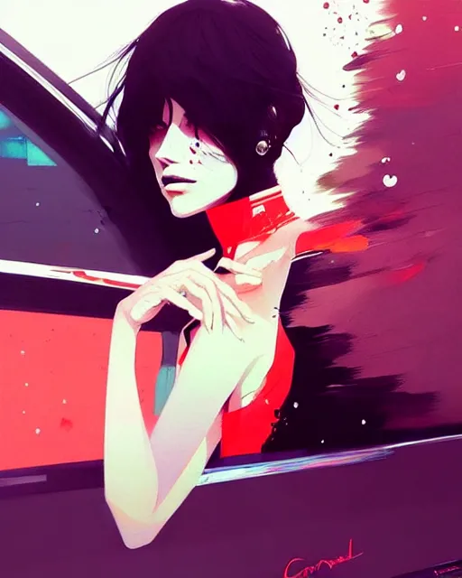 Image similar to a ultradetailed beautiful painting of a stylish woman driving a car, by conrad roset, greg rutkowski and makoto shinkai trending on artstation