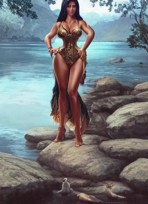 Prompt: candid photo of kim kardashian wearing a hooters outfit, sat by a lake, intricate, elegant, highly detailed, digital photo, artstation, concept art, smooth, sharp focus, illustration, art by artgerm and greg rutkowski and alphonse mucha