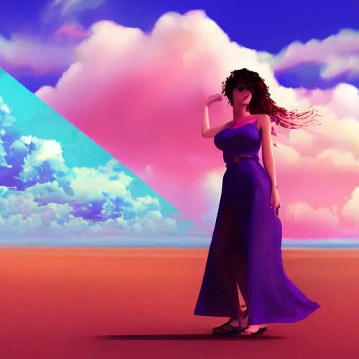 Image similar to beautiful vaporwave woman pondering the clouds on a beach, big clouds, beautiful day, digital art, illustration